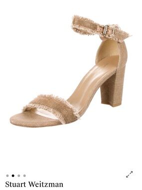 Stuart Weitzman Beige Frayed Ankle-Strap Block Heel Sandal
